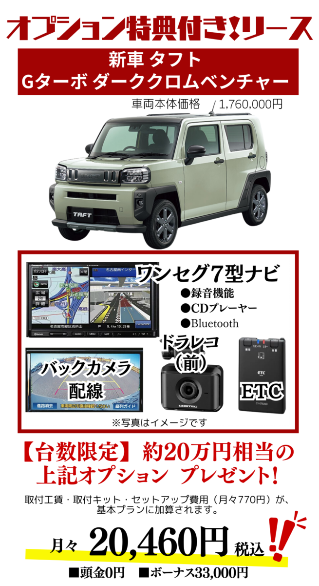 新車タフトGターボダーククロムベンチャーのカーリース見積もり