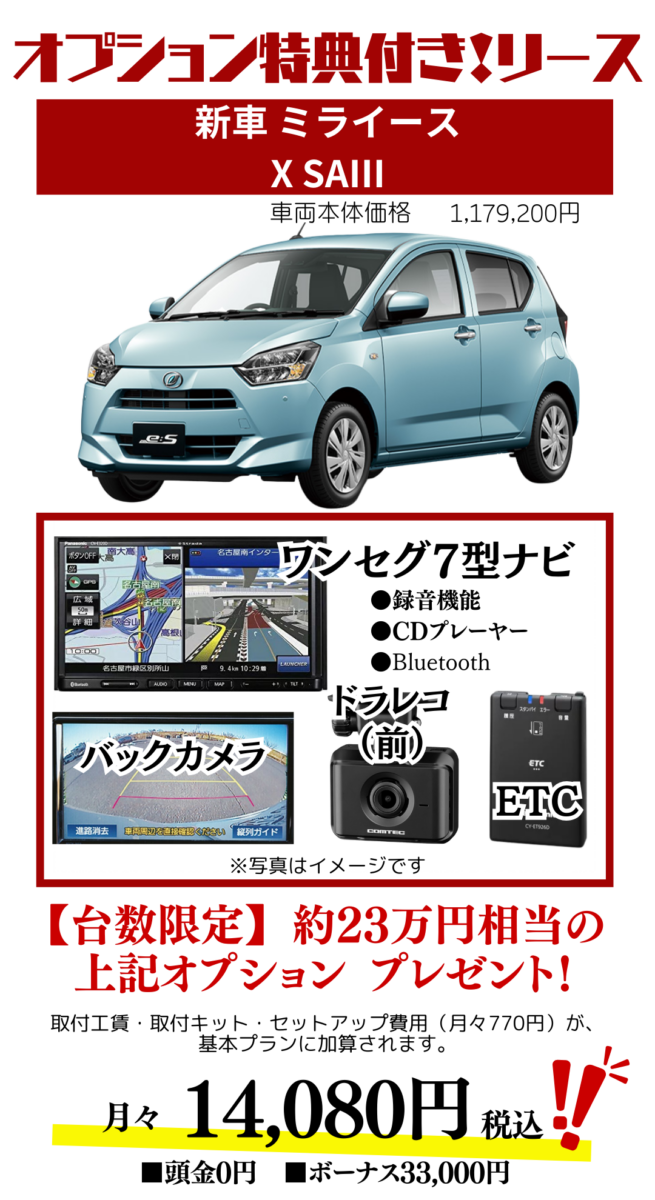 新車ミライースXSAⅢのカーリース見積もり