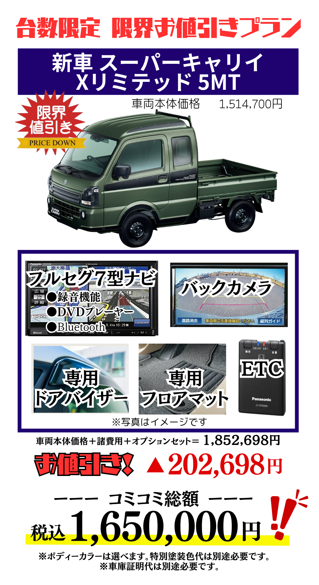 新車スーパーキャリイの台数限定特別値引きプラン見積もり