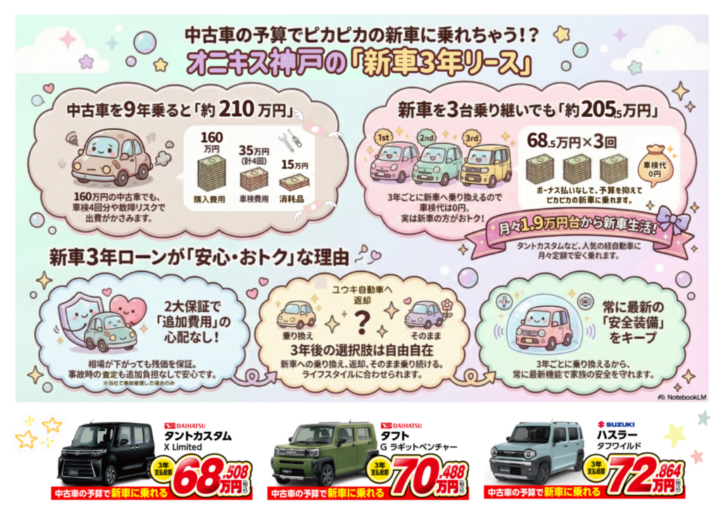 中古車の予算で新車に乗れる、オニキス神戸の3年リース